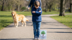 Child demonstrating stand like a tree technique for dog bite prevention safety