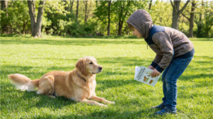 Child learning to read dog body language and behavior in outdoor park setting
