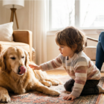 Child safely petting dog under supervision