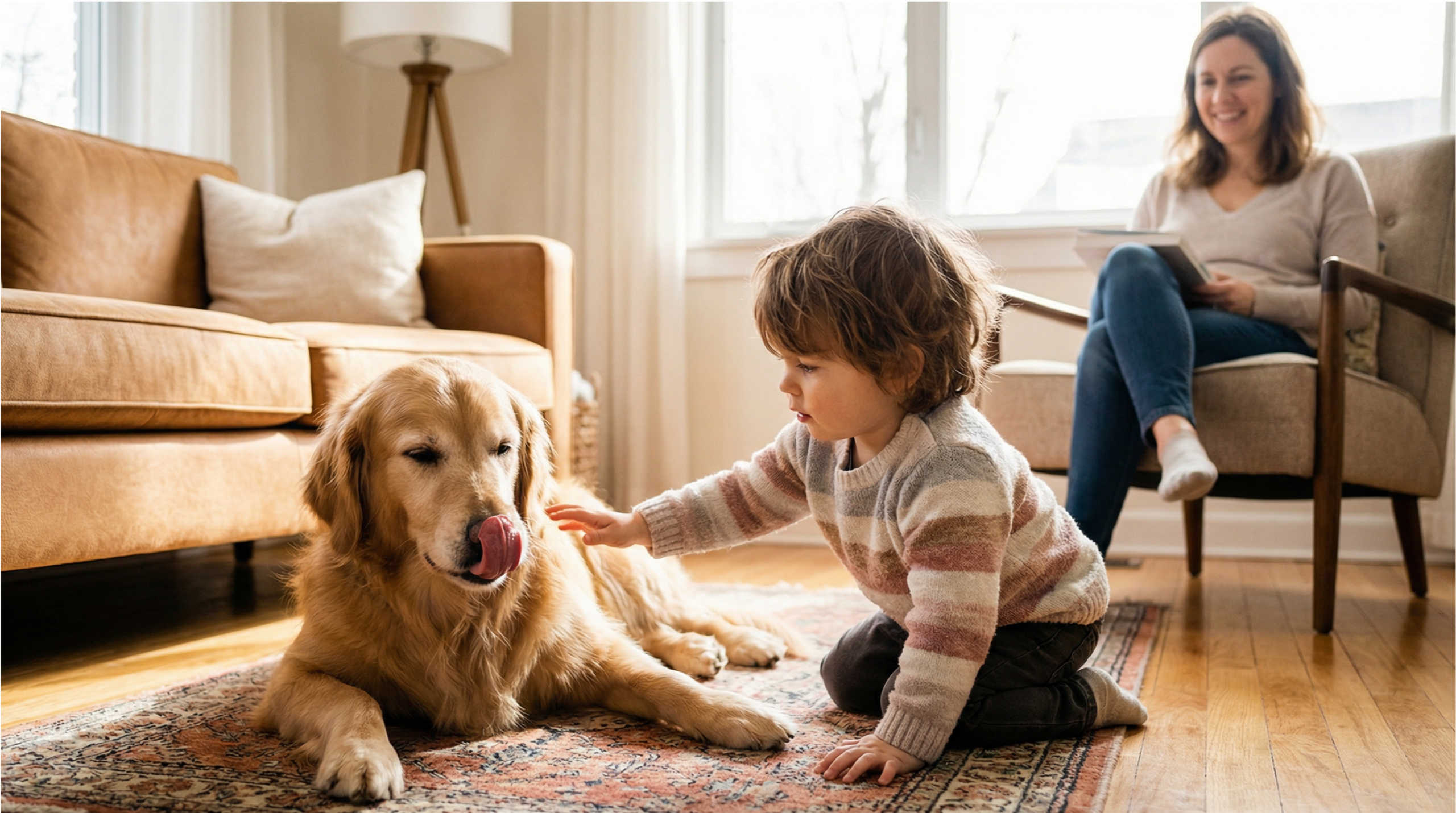Child safely petting dog under supervision