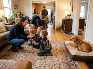 Adult teaching children dog safety at a gathering