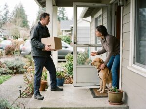 Carrier protected from a dog at a doorway