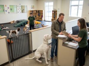 Dog daycare staff reviewing pet intake details