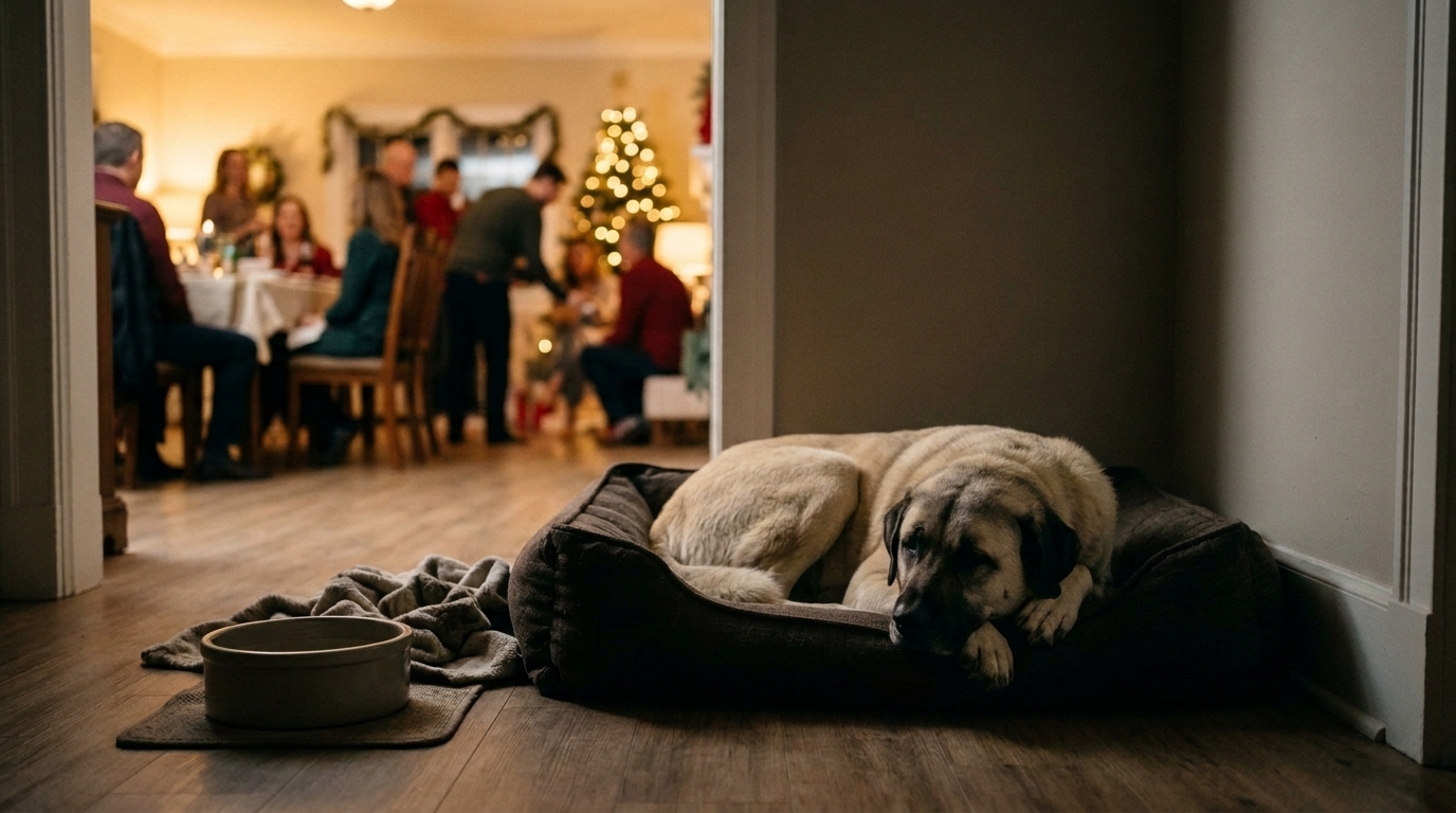 Dog resting safely during a holiday gathering
