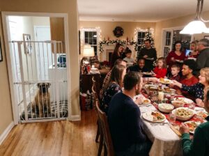 Host keeping a dog secure as holiday guests arrive