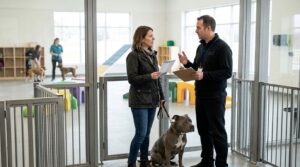 Owner and manager discussing dog daycare safety