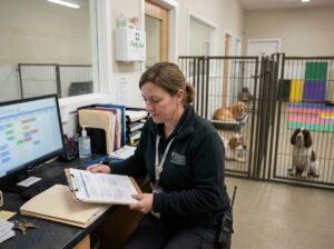 Pet-care manager reviewing a bite incident report