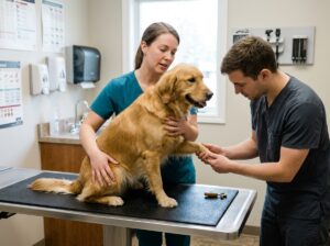 Trained staff safely handling a dog